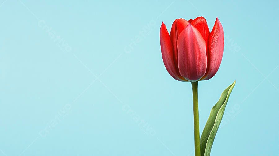 Tulipa vermelha vibrante com haste verde em fundo azul claro minimalista