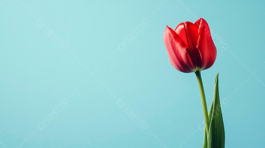 Tulipa vermelha vibrante em fundo azul claro minimalista