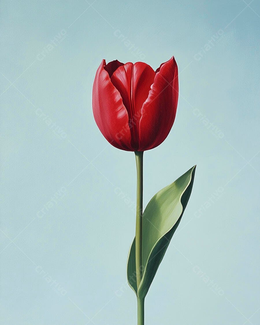 Tulipa vermelha vibrante com folha verde em fundo azul claro minimalista