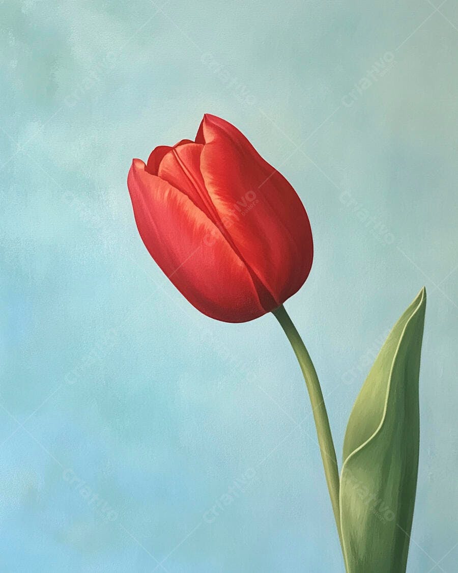 Tulipa vermelha vibrante em fundo azul claro minimalista