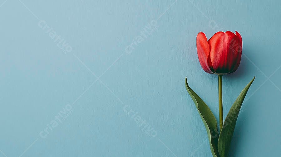 Tulipa vermelha vibrante sobre fundo azul claro minimalista para primavera