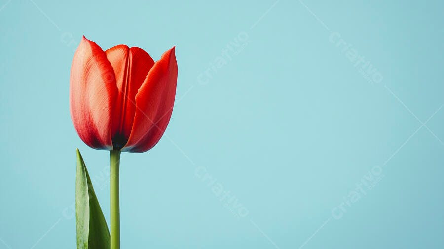 Tulipa vermelha vibrante em fundo azul claro minimalista