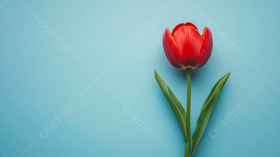 Tulipa vermelha vibrante em fundo azul claro minimalista