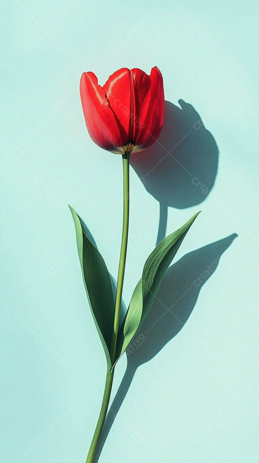 Tulipa vermelha vibrante com folhas verdes em fundo azul claro minimalista