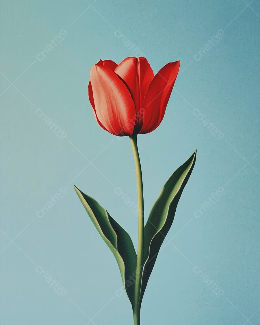 Tulipa vermelha vibrante com folhas verdes em fundo azul claro