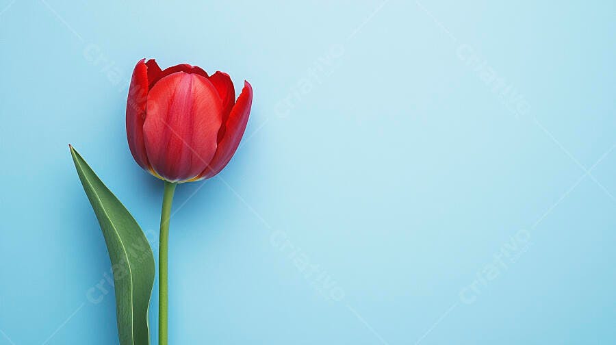 Tulipa vermelha vibrante em fundo azul claro minimalista