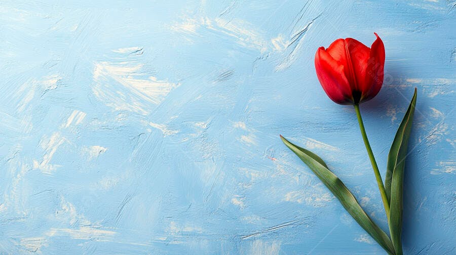 Tulipa vermelha fresca com folha verde em fundo azul pintado