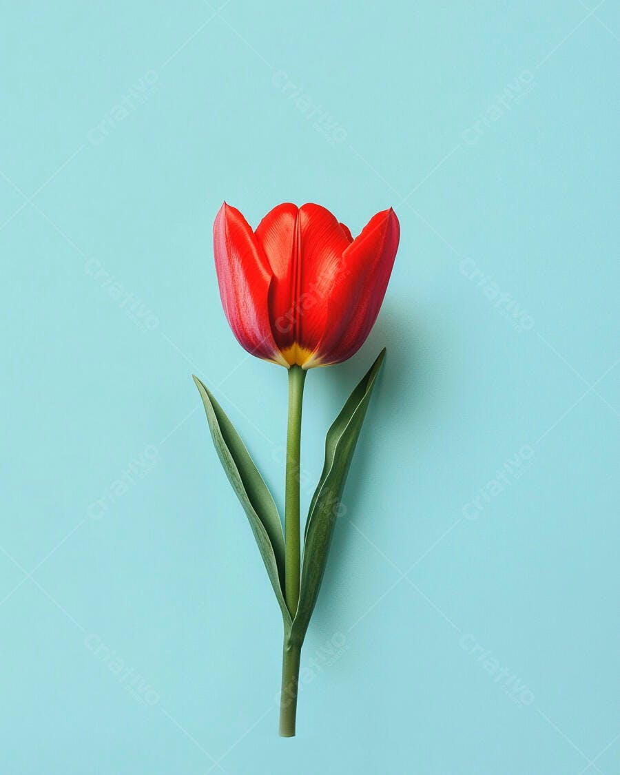 Tulipa vermelha vibrante com folhas verdes em fundo azul claro