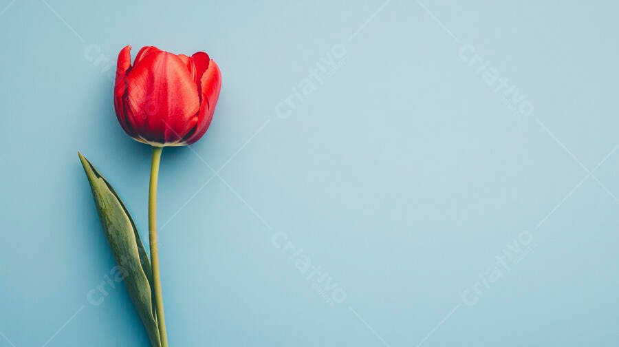 Tulipa vermelha vibrante com folha verde em fundo azul claro minimalista