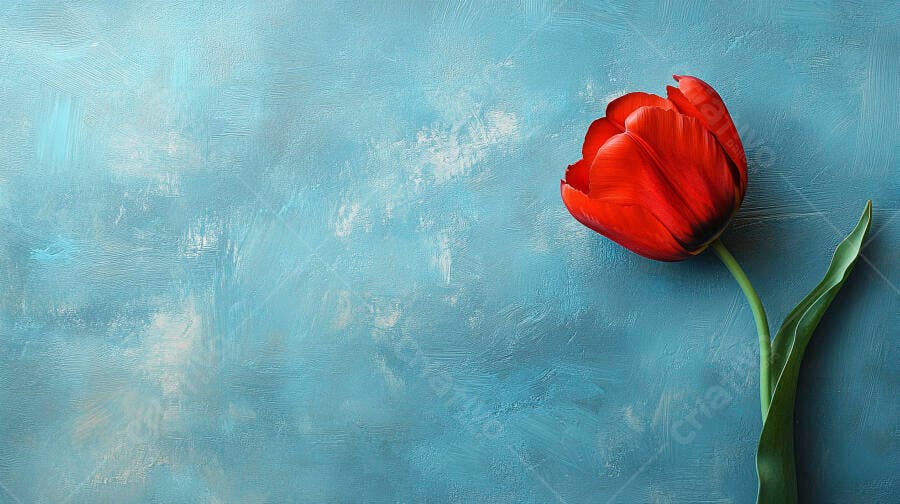 Tulipa vermelha vibrante em fundo azul texturizado