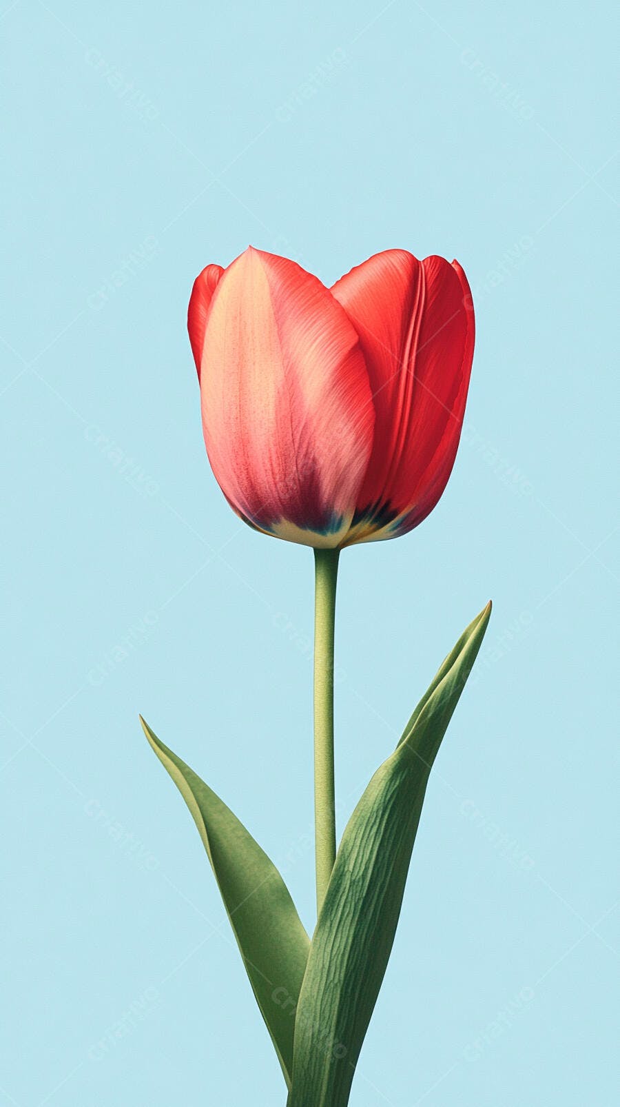 Tulipa vermelha vibrante com folhas verdes em fundo azul claro