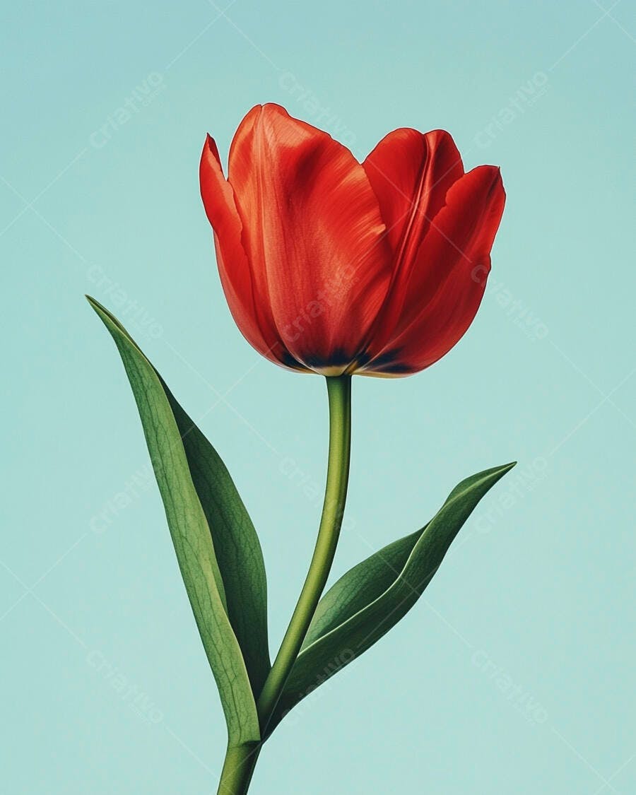 Tulipa vermelha vibrante com folhas verdes em fundo azul claro