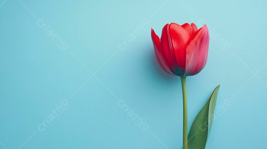 Tulipa vermelha vibrante em fundo azul claro minimalista