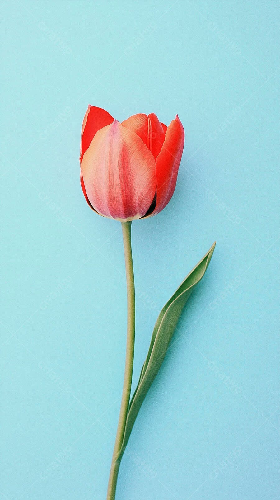 Tulipa vermelha e laranja vibrante em fundo azul claro minimalista