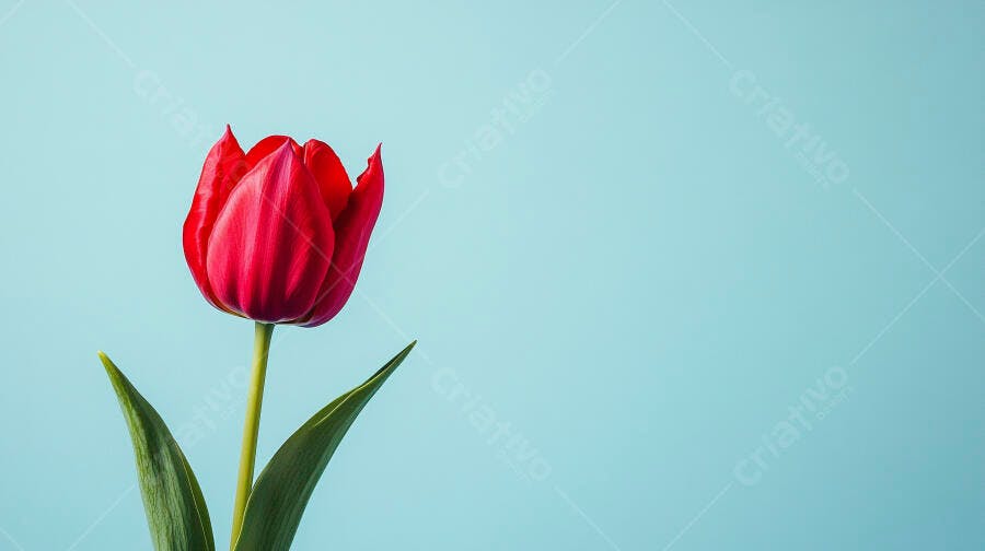 Tulipa vermelha vibrante em fundo azul claro minimalista
