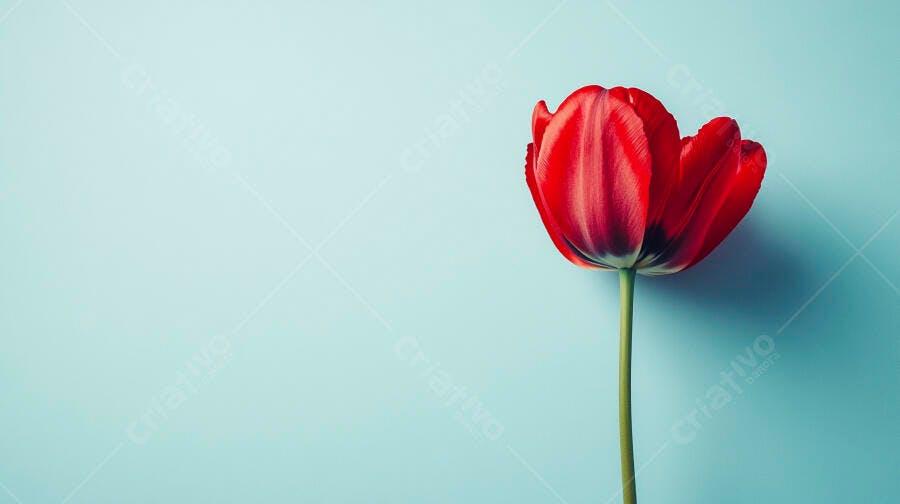 Tulipa vermelha vibrante em fundo azul claro minimalista