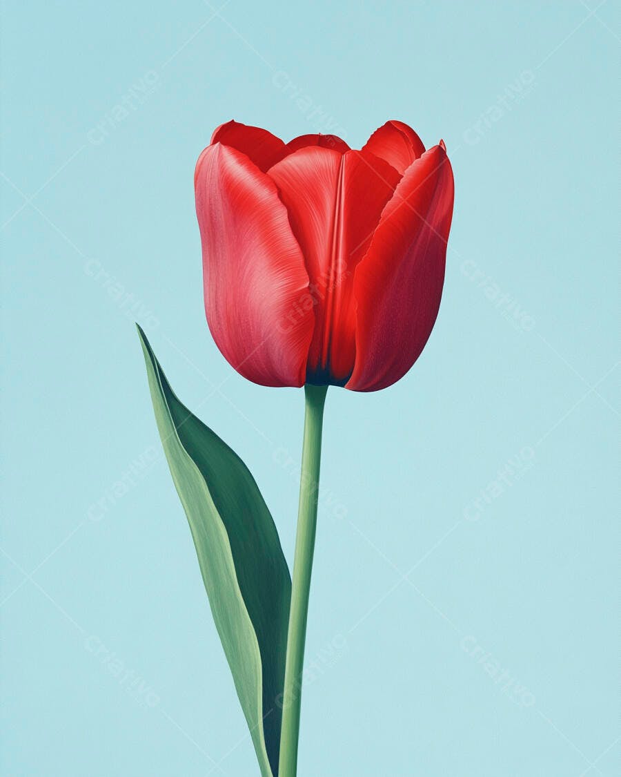 Tulipa vermelha vibrante com folha verde isolada em fundo azul claro