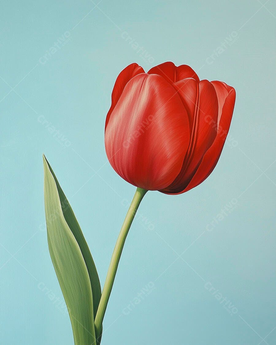 Tulipa vermelha viva com folha verde em fundo azul ciano minimalista