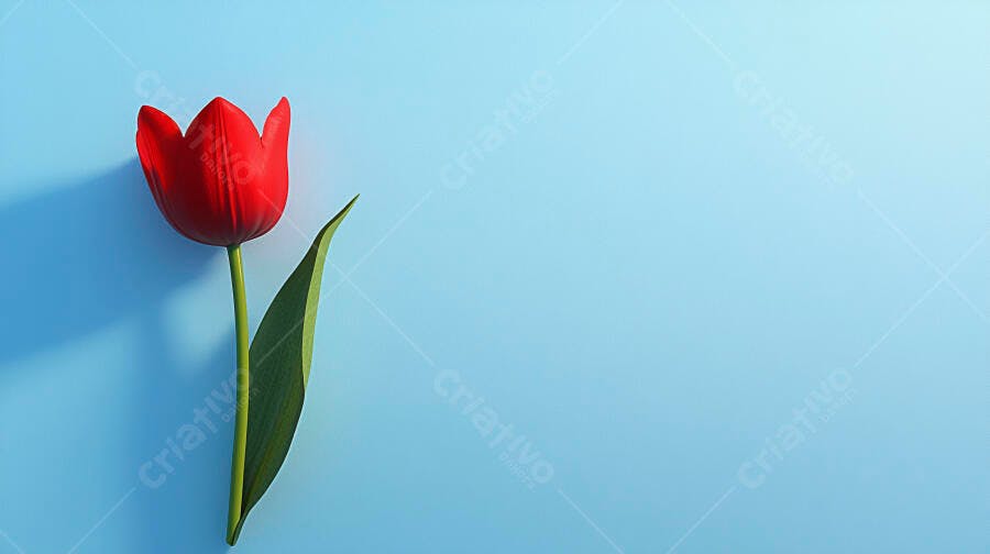 Tulipa vermelha vibrante em fundo azul claro minimalista com sombra suave
