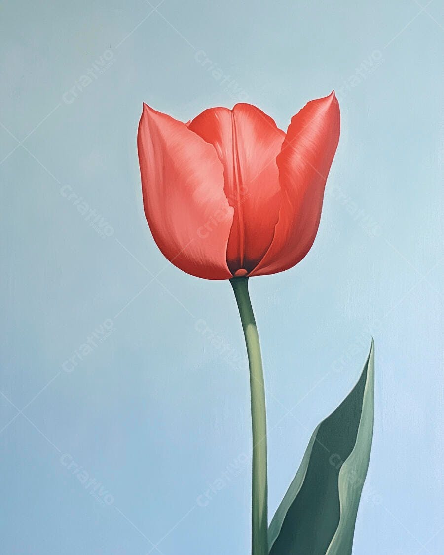 Tulipa vermelha vibrante em pintura artística com fundo azul claro