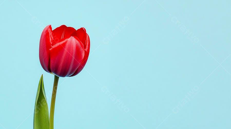 Tulipa vermelha vibrante com caule verde em fundo azul claro