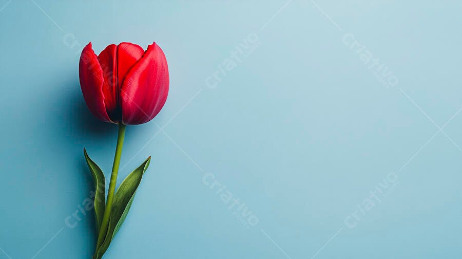 Tulipa vermelha vibrante com haste e folhas verdes em fundo azul