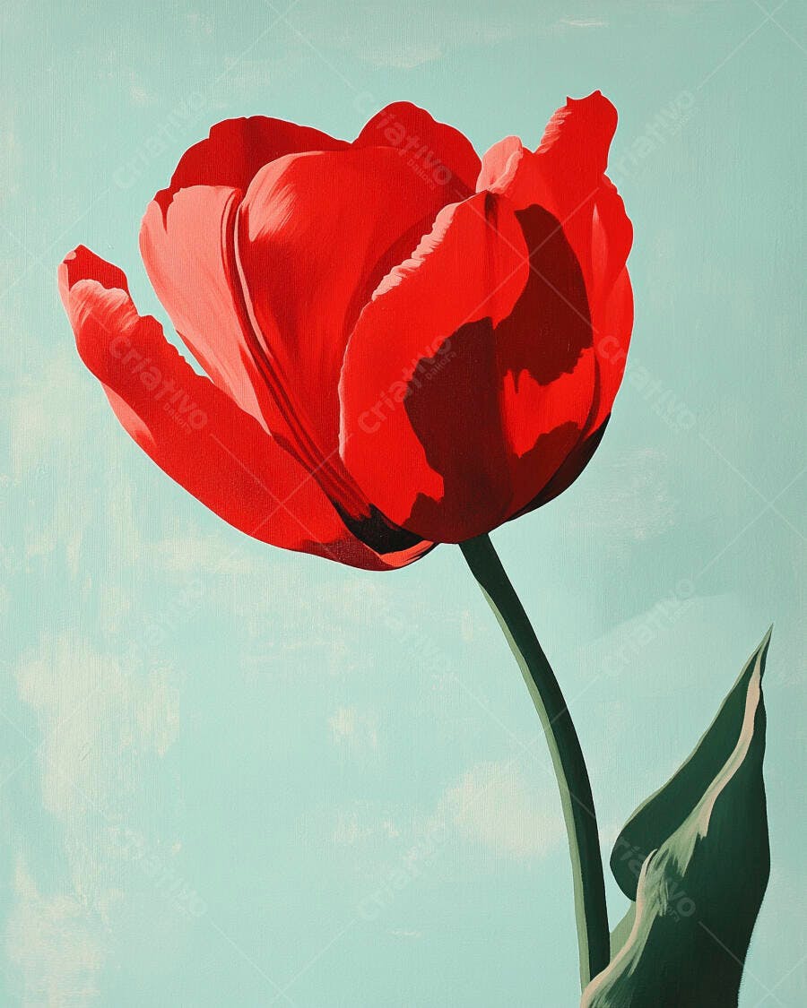 Tulipa vermelha vibrante em fundo azul claro estilo pintura