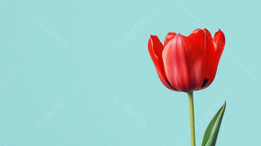 Tulipa vermelha vibrante com caule verde em fundo azul claro minimalista