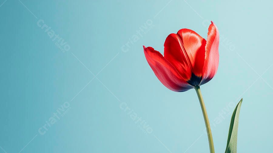 Tulipa vermelha vibrante em fundo azul claro minimalista