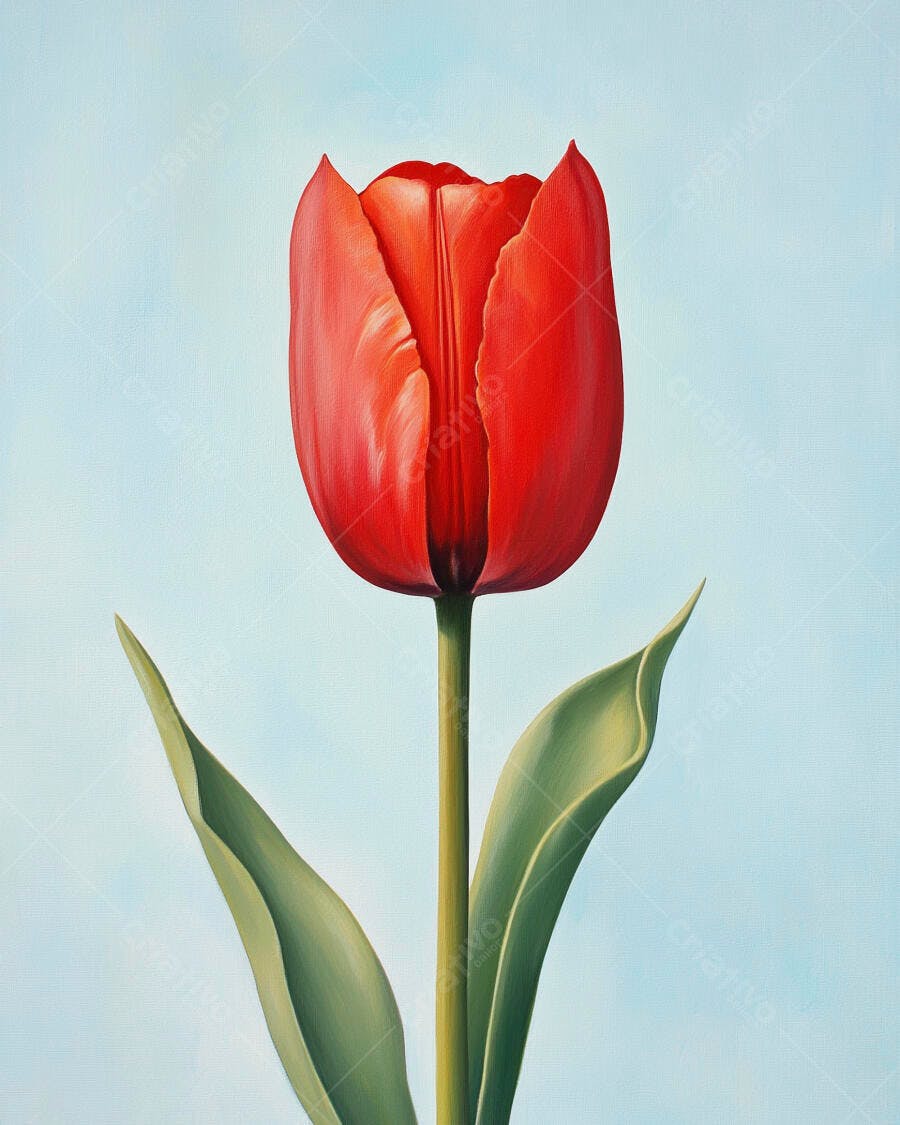 Tulipa vermelha vibrante com folhas verdes em fundo azul claro