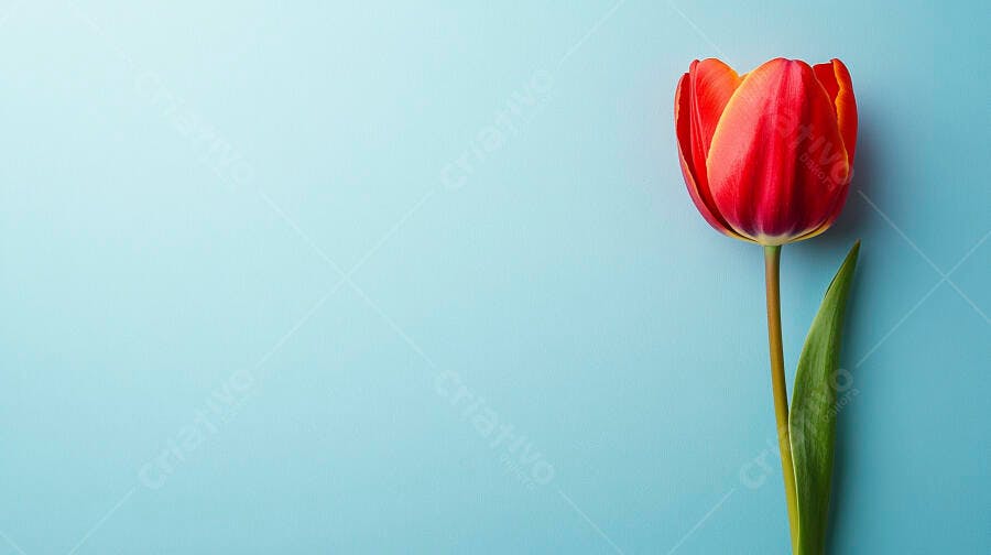 Tulipa vermelha e laranja vibrante em fundo azul claro minimalista