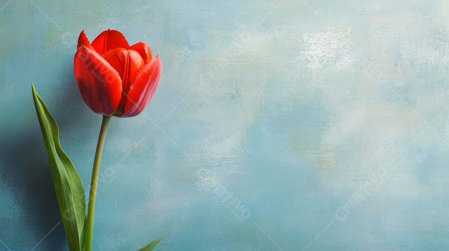 Tulipa vermelha vibrante com folha verde em fundo azul texturizado