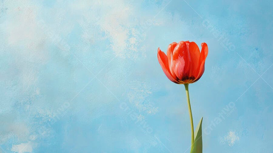 Tulipa vermelha vibrante com haste verde em fundo azul texturizado