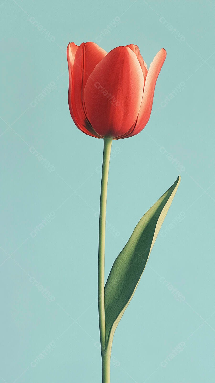 Tulipa vermelha vibrante com haste verde em fundo azul claro minimalista