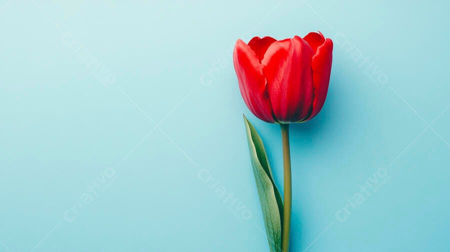 Tulipa vermelha vibrante em fundo azul claro minimalista
