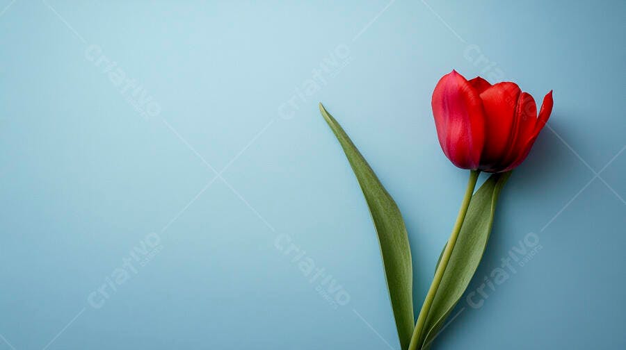 Tulipa vermelha vibrante em fundo azul claro com espaço para texto