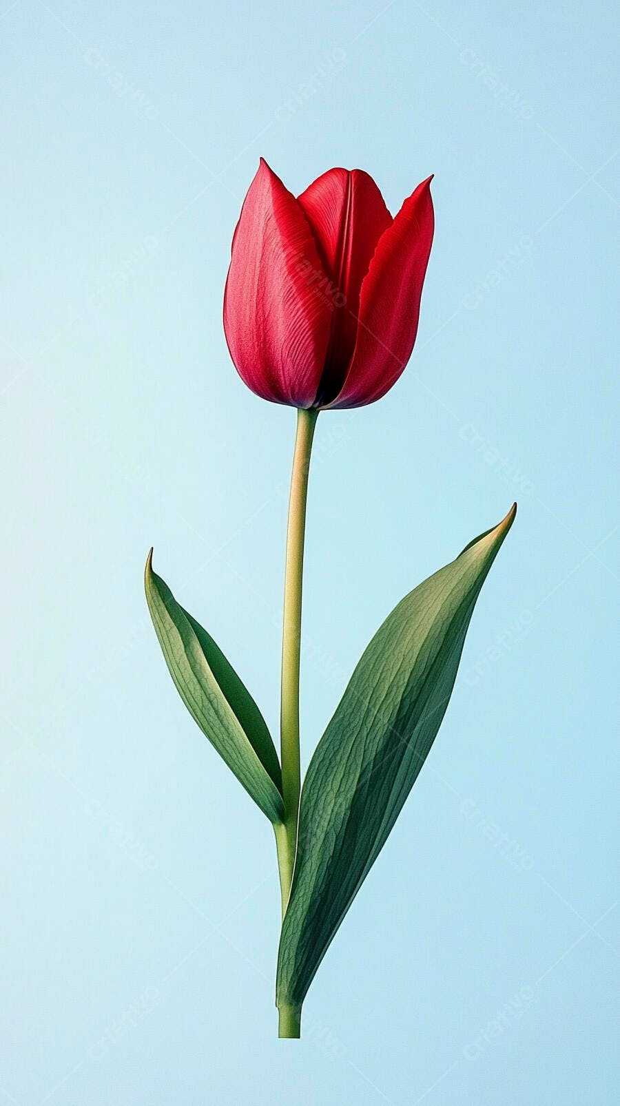 Tulipa vermelha vibrante em fundo azul claro minimalista