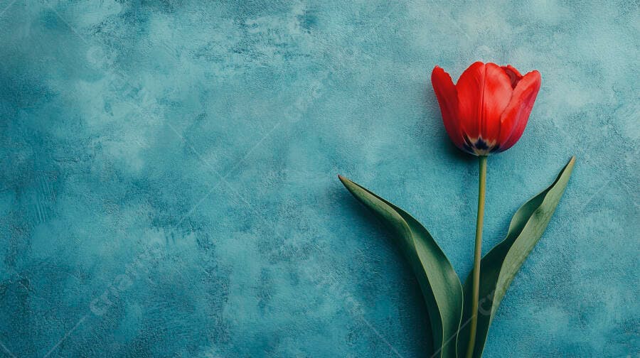 Tulipa vermelha vibrante sobre fundo azul texturizado minimalista