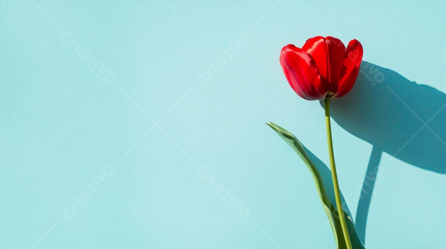Tulipa vermelha vibrante em fundo azul claro com sombra marcante estilo minimalista