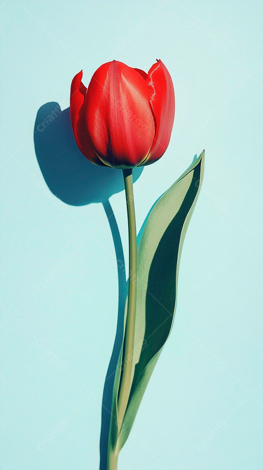 Tulipa vermelha vibrante com haste verde em fundo azul claro minimalista