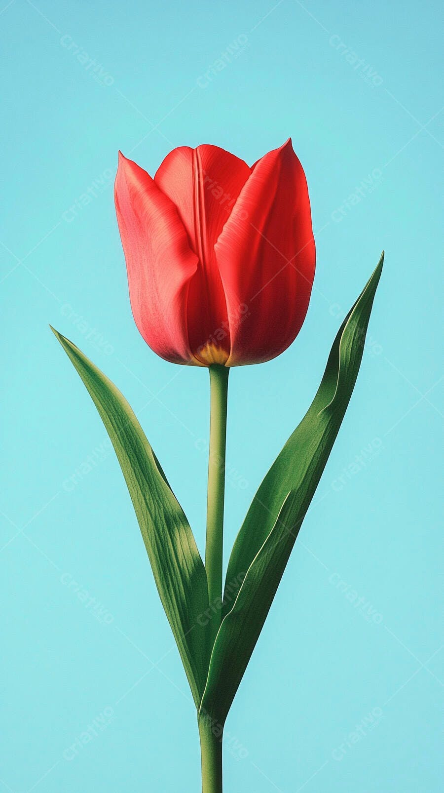 Tulipa vermelha vibrante com folhas verdes em fundo azul claro
