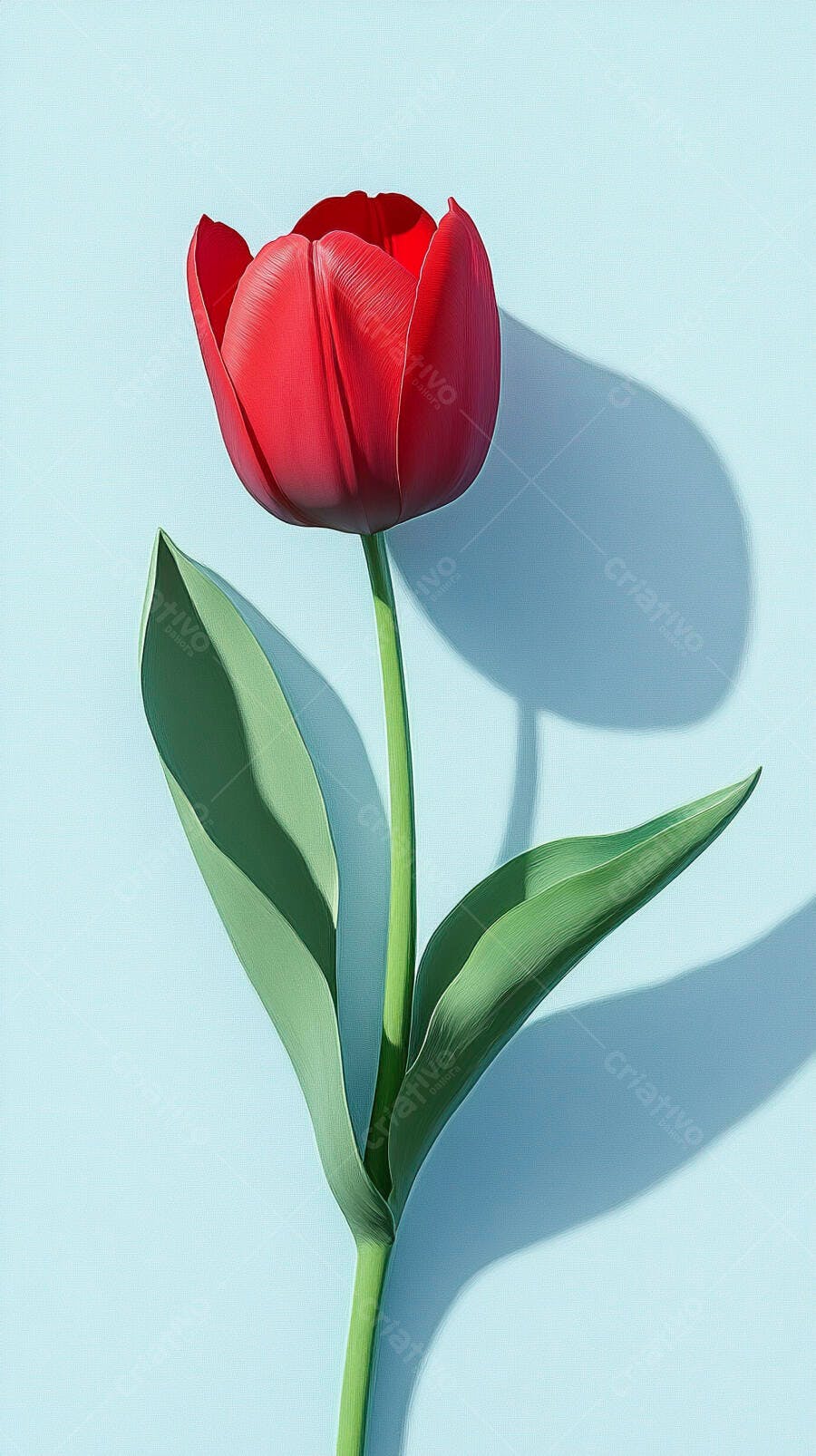 Tulipa vermelha vibrante com folhas verdes em fundo azul claro minimalista