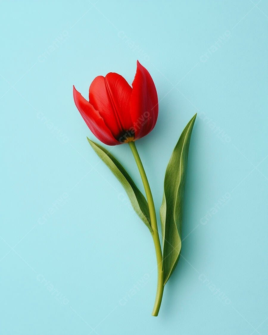 Tulipa vermelha vibrante com folhas verdes em fundo azul claro minimalista