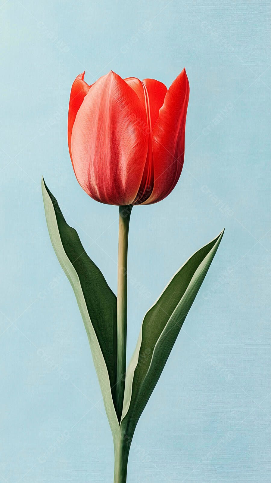 Tulipa vermelha com folhas verdes em fundo azul claro elegante