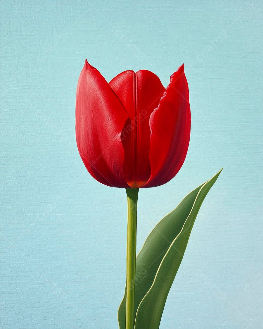Tulipa vermelha vibrante com folha verde em fundo azul claro