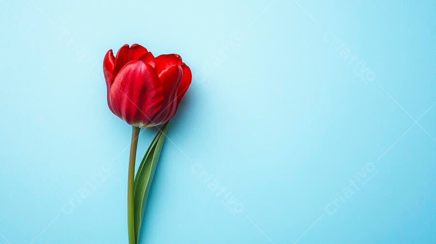 Tulipa vermelha vibrante com folha verde em fundo azul claro minimalista