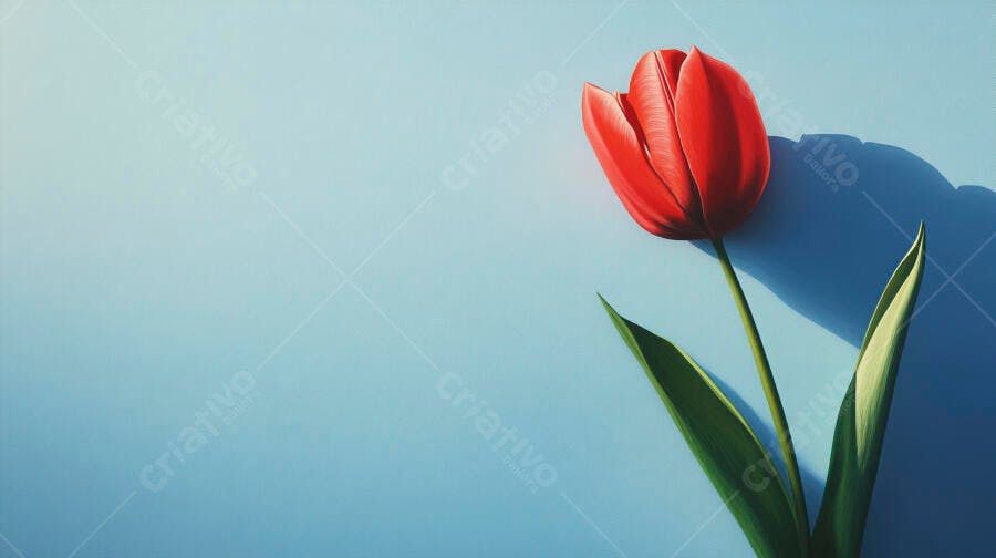 Tulipa vermelha vibrante com haste verde em fundo azul claro minimalista
