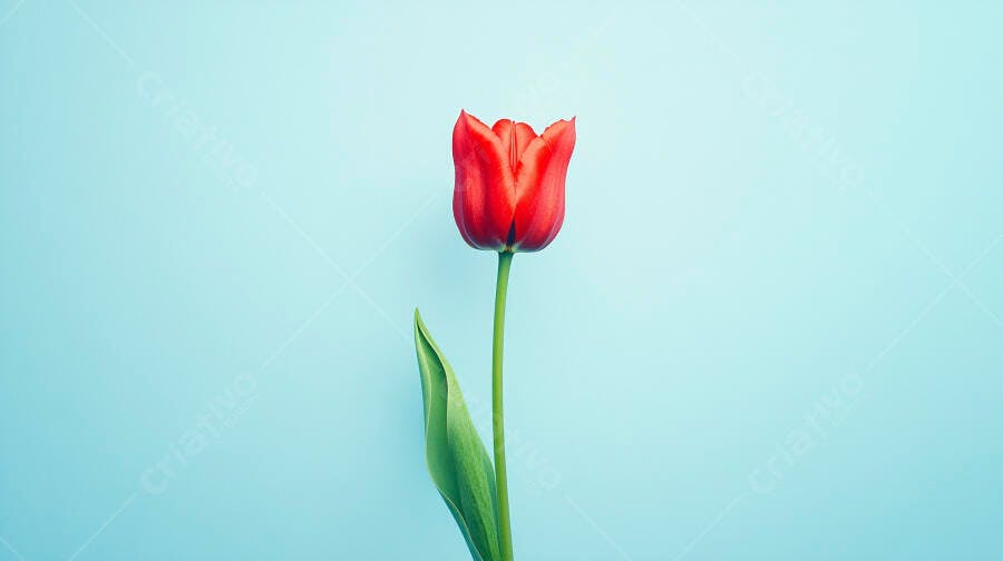 Tulipa vermelha vibrante sobre fundo azul claro com haste verde simples
