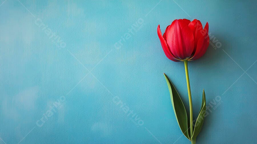 Tulipa vermelha vibrante sobre fundo azul texturizado com espaço para texto