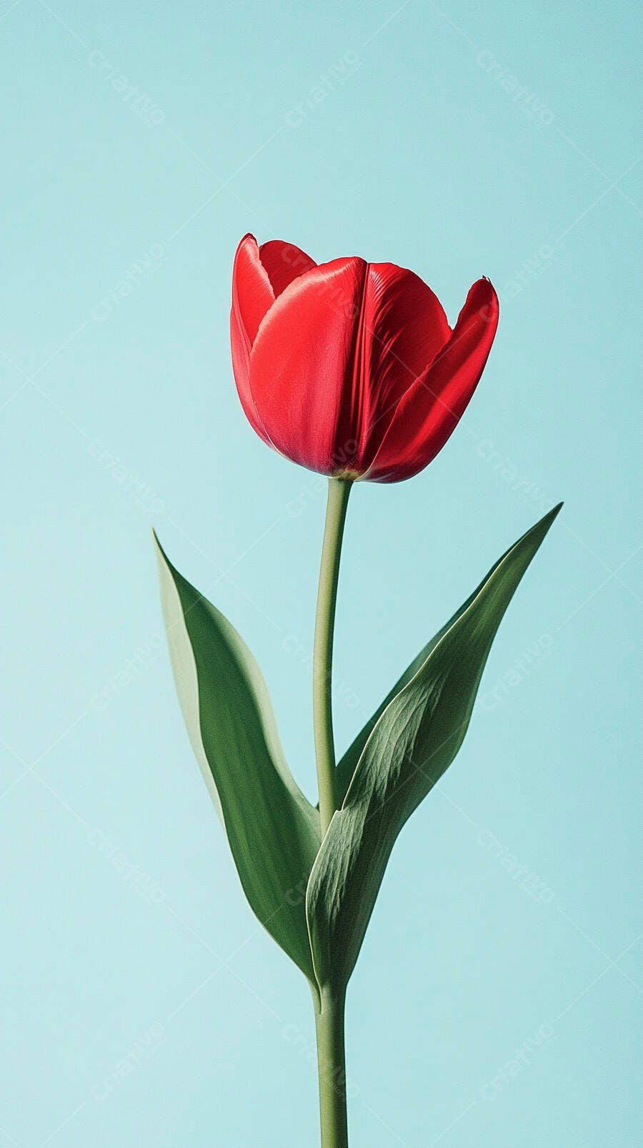 Tulipa vermelha vibrante com folhas verdes em fundo azul claro